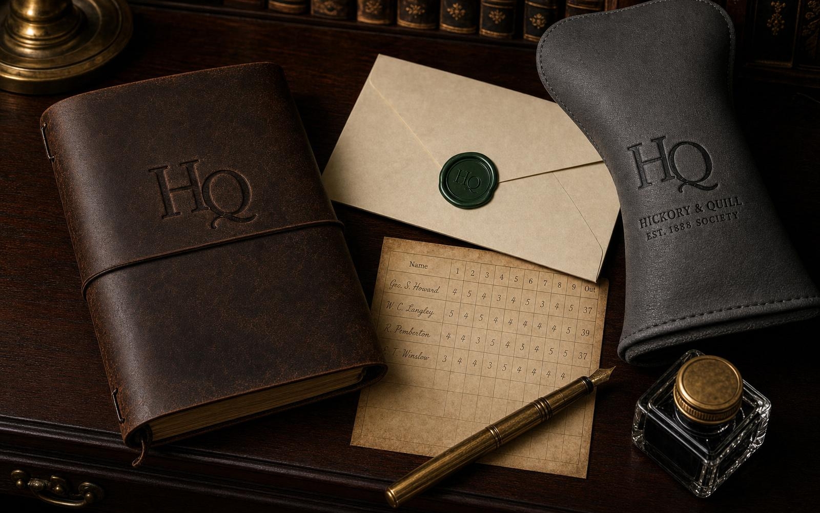 The 1888 Society membership induction kit: leather ledger, headcover, wax-sealed envelope, and vintage scorecard
